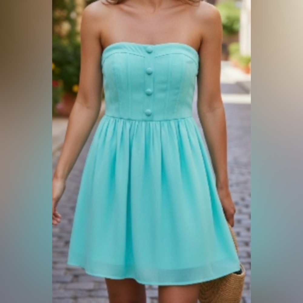 Roxy Aqua Strapless Smocked Boned Fit & Flair Mini Dress, XL NWT